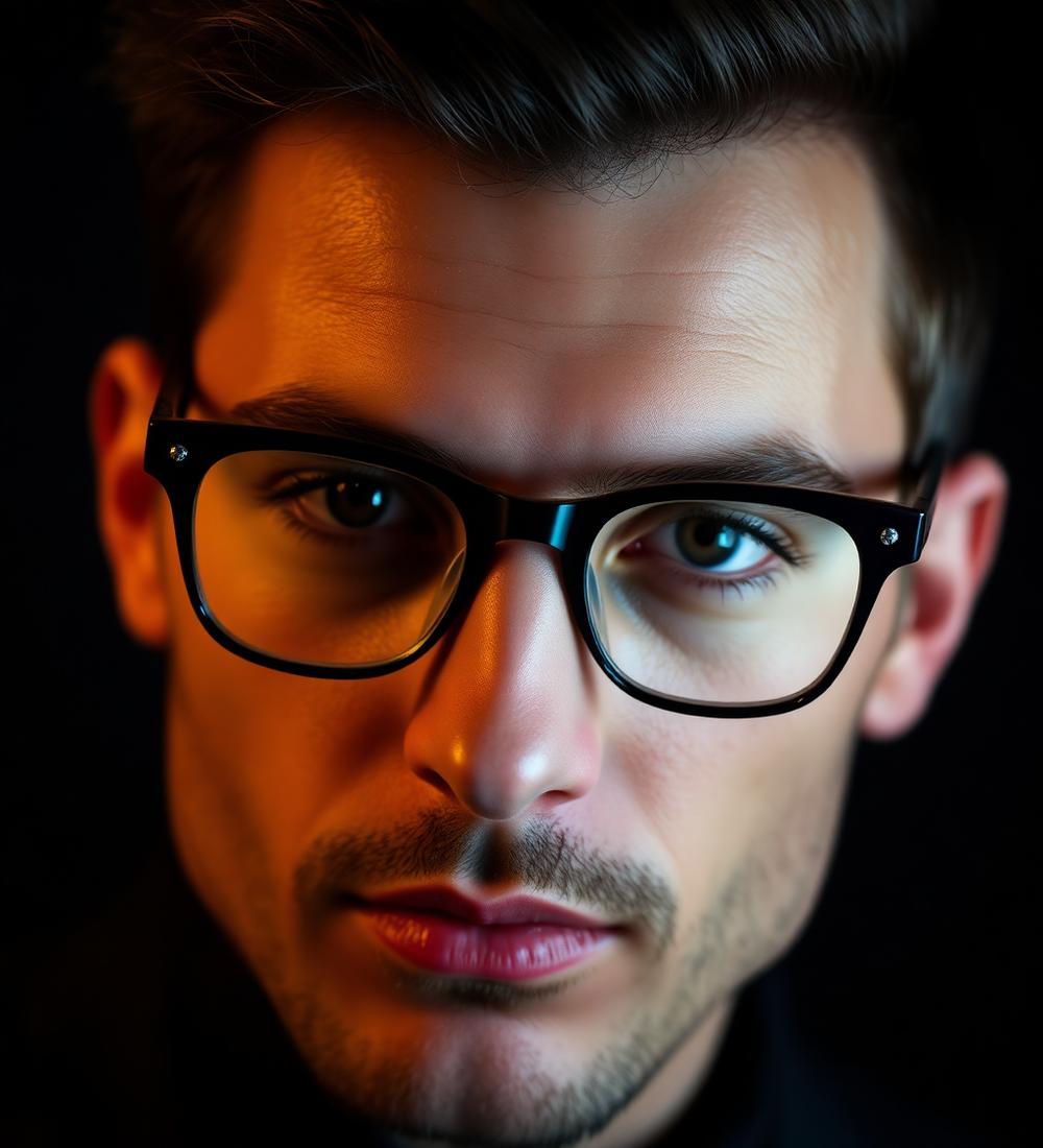 Portrait of a man wearing dark acetate eyeglasses